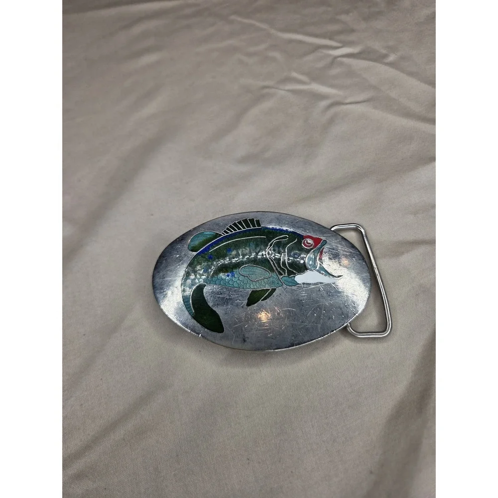 Small Oval Green and Silver Belt Buckle - Trout Fishing Sportsman Scene